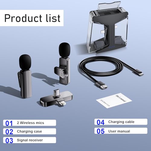 2-Pack Wireless Mini Lavalier Lapel Microphone for iPhone,Android Phone(2 in 1) w/ Case - 65ft Cordless Clip on Dual Mics with Noise Reduction 6H Working Time for Video Recording Vlogging, YouTube