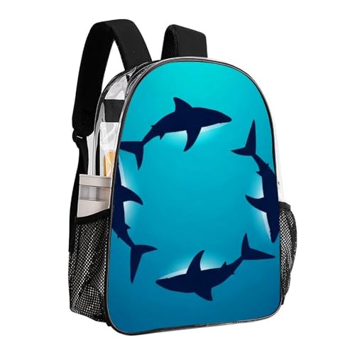Stadium Approved Clear PVC Backpack Reinforced Straps | Heavy Duty, Large, Floating Shark Ocean Sharks, Stadium Approved Backpack, with Side Mesh Pockets - color: Pattern (330)