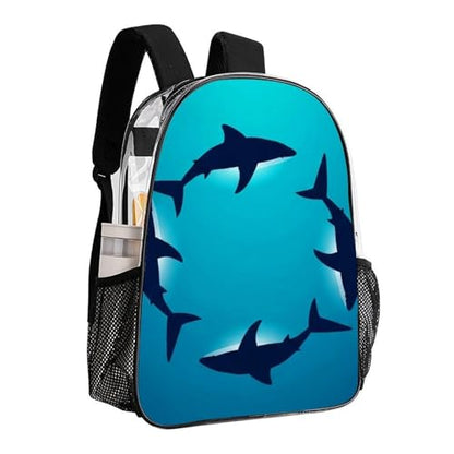 Stadium Approved Clear PVC Backpack Reinforced Straps | Heavy Duty, Large, Floating Shark Ocean Sharks, Stadium Approved Backpack, with Side Mesh Pockets - color: Pattern (330)