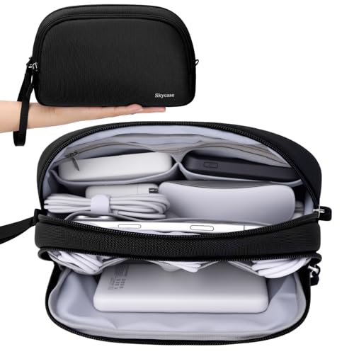 Skycase Travel Cable Organizer - Lightweight Water Resistant Dual-Layer Tech Pouch with Wrist Strap 9 Compartments Electronic Organizer Travel Case for Charger Cord Hard Drive,Medium,Black - color: Black, size: M