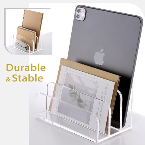 SANRUI Clear Acrylic Mail File Organizer Sorters for Desk, 3 slot Laddered | Desktop Vertical Letter Holder, Multifunction Envelope Folder Racks Holders for Office,Home, School - size: 3-Compartment ladder