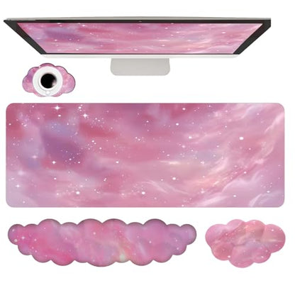 Cloud Mouse Pad Keyboard Wrist Rest 4PCS Galaxy Space Extended Large Desk Mat Pad Set Memory Foam Non-Slip Ergonomic Gaming Mouse Pad Wrist Support for Computer Laptop Home Office Cute Pink Stars - color: 4pcs Pink Galaxy