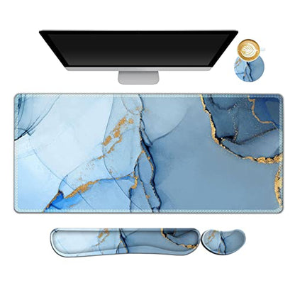 AIMSA Large Gaming Mouse Pad Set, Keyboard Wrist Rest Support Mouse Pad, Ergonomic Memory Foam Multifunctional Extended Desk Mat 35x15.7in Anti-Slip Rubber Base for Office Home, Blue Marble - color: Blue Marble