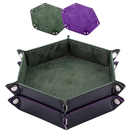 SIQUK 2 Pieces Dice Tray PU Leather Dice Trays Portable Folding Hexagon Dice Roller Tray for Dice Games Like RPG, DND and Other Table Games (Dark Green, Violet) - color: Dark Green, Violet