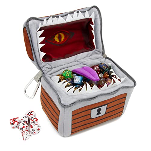 CASEMATIX Mimic Dice Chest and DND Dice Case with 7 Included RPG Dice - 6.5" Mimic Chest Bag with Zipper and Carabiner, Holds 150 Polyhedral Pieces - style: Chest