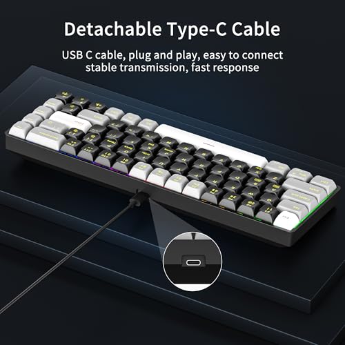 Newmen GM681 Wired Mechanical Keyboard,60% LED Backlit Gaming Keyboard | Wired Gaming Mechanical Keyboard,LED Backlit,Custom Hot Swappable,Ergonomic,Compact Small,USB Mini Computer Keyboard,PC Gamer - color: Black/White/Grey Keycaps