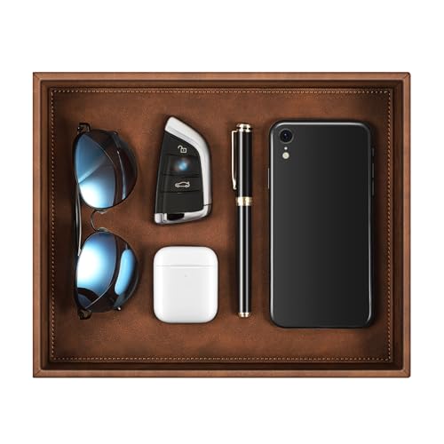 SITHON Valet Tray Desk Organizer PU Leather Catchall | Bedside Vanity Tray Nightstand Caddy Coin Box Key Jewelry Storage Organizer, Graduation, Brown - color: Brown