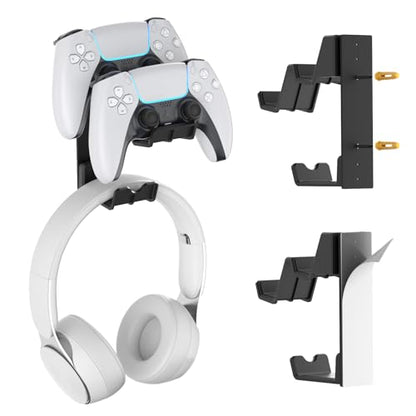 KDD Dual Controller & Headphone Holder Stand Wall Mount - Gaming Headset Hanger with Adhesive or Screws Install for Xbox Series X/S, PS5/4/3, Switch, STEAM, Universal PC Gamepad Accessories
