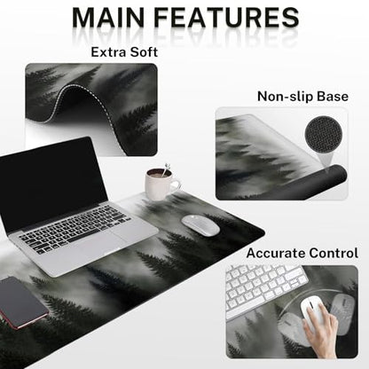 Arttown Keyboard Mouse Pad Set, 4 in 1 Desk Mat Set Forest Misty | Foggy Tree Large Mousepad+Keyboard Wrist Rest+Mouse Wrist Rest+Coaster Ergonomic Design for Home Office Computer - color: Forest in Fog