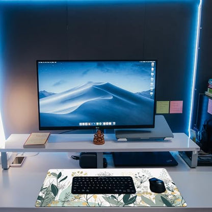 Desk Mat, Green Gold Plant Leaves Desk Pad, Wildflowers Large Gaming Mouse Pad for Desk, 31.5"x15.7" Extended Big Computer Keyboard Mouse Pad with Non-Slip Base and Stitched Edge - color: Green Gold Plant Leaves