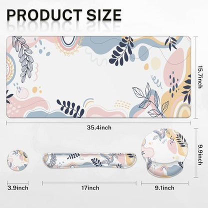 Arttown Keyboard Mouse Pad Set, 4 in 1 Desk Mat Set Tropical Leaves | Spring Pink Blue Large Mousepad+Keyboard Wrist Rest+Mouse Wrist Rest+Coaster Ergonomic Design for Home Office Computer - color: Leaves