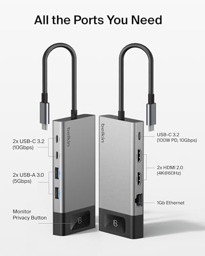 Belkin USB-C Hub 8 in 1 100W Dual Display for Windows | 4K@60Hz resolution, ethernet port, mirrored display support for macOS, compatible with Chromebook, travel-friendly - style: 8-in-1 Hub