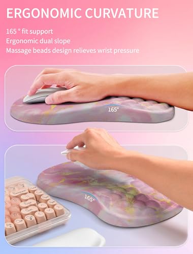 Hokafenle 2in1 Combination, Wave Keyboard Wrist Rest and Ergonomic Curvature Mouse Pad Wrist Support for Relieve Wrist Pain, Filled with Soft Cushion Memory Foam, Golden Pink Marble - color: Golden Pink Marble