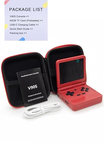 Powkiddy V90S Retro Handheld Console - 10,000+ Preloaded Games, Foldable Clamshell Design, 3.5" IPS Screen, 4-6 Hour Battery, Dual TF Slots (Red) - style: Red