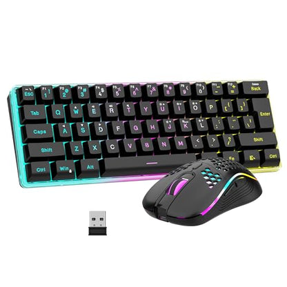RedThunder 60% Wireless Gaming Keyboard and Mouse Combo, 2500mAh Rechargeable Battery, Ultra-Compact Small RGB Mechanical Feel Keyboard, Lightweight Honeycomb Optical Mouse for Gaming/Business, Black - style: 02 Black Wireless Combo