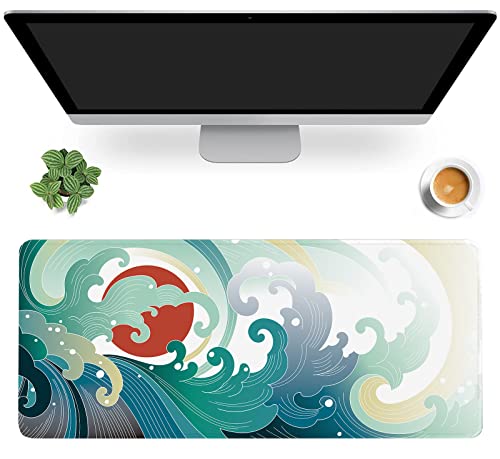 Ocean Wave and Sun Desk Mat,Traditional Japanese Wave Extended Gaming Mouse Pad,Large Non-Slip Rubber Base Mousepad with Stitched Edges,Waterproof Mouse Mat Desk Pad for Office Game Home 35.4x15.75 in - color: Traditional Japanese Wave