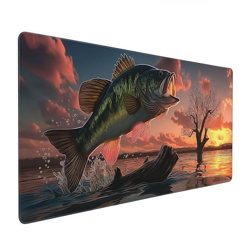 Large Gaming Mouse Pad with Bass Fish Sunset Design, Non-Slip Rubber Base, Stitched Edges, Extended Size 35.4 x 15.8 inches - color: Large Mouth Bass