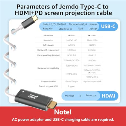 JEMDO Switch 2 Dock HDMI Cable,4K@144Hz 48Gbps,USB C to HDMI 2.1,100W PD Play While Charging,6.6 ft,Portable Travel TV Adapter Compatible with Nintendo Switch 2(Only Below V21.0.0)/2017/OLED - color: Black, style: 144