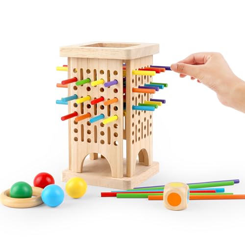 Montessori Game Wooden Board Game, Colorful Wooden Sticks Dice Game Math Educational Toys for 3 4 5 6 Years Old, Fine Motor Skills Toys & Counting Toy Family Game Travel Toys Gifts for Kids