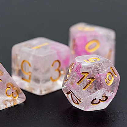 UDIXI 7PCS Glitter DND Dice Set Resin RPG Polyhedral Dice Set for D&D | Pink & White Swirl, Gold Number, Velvet Dice Bag Packaging, for Dungeons and Dragons Role Playing Games and Tabletop Games - color: Pink White