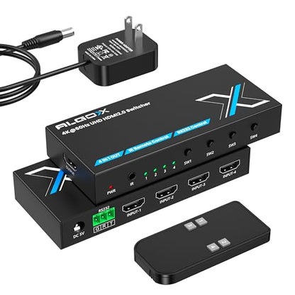 4K@60Hz HDMI Switch 4 in 1 Out 1080P@120Hz HDMI Switcher 4 Ports Selector with Remote Support 18Gbps HDR 10+ Dolby Vision/Atmos HDCP 2.2, RS232 Control