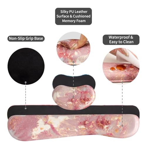 QIYI PU Leather Desk Mat Set, 4-in-1 Ergonomic Wrist Rest, Pink Marble | Waterproof Large Mouse Pad 31.5×15.7 + Keyboard Wrist Rest + Mouse Wrist Support+Coaster, Non-Slip Office Gaming Accessories - color: Pink Gold Marble