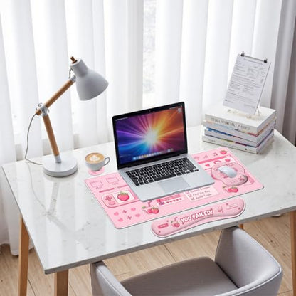 Cute Gamer Desk Mat Set Strawberry Pink Kawaii Aesthetic Mouse Pad with Wrist Rest 4in1 Desk Mat for Desktop Ergonomic Keyboard Wrist Support Anti-Slip Computer Ergonomic Mouse Pad Home Office Gaming - color: Cute Gamer