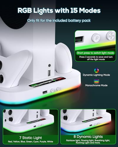 Cooling Stand for Xbox Series S Console with 15 Light Modes, MENEEA Dual Fast Charger Station with 2x1400mAH Batteries,Cooler System Accessories with 3-Speed Adjustable Fan, 2.0 USB Port - color: White