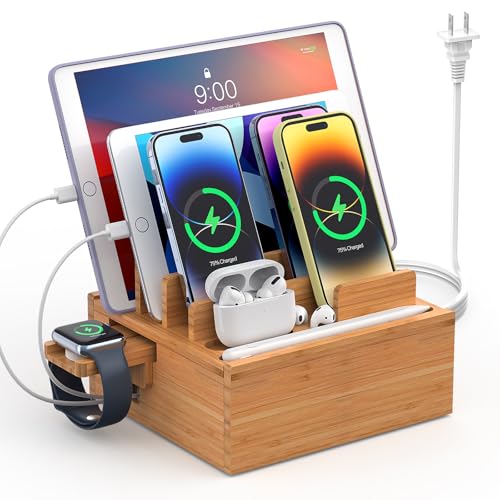 Pezin & Hulin Bamboo Charging Station with Watch Holder, Charger & Cables | Wood Docking Stand Electronic Organizer for Multiple Devices, Phones, Tablets, Watch & Earpods, No Assembly Needed - color: #1 (With Charger)
