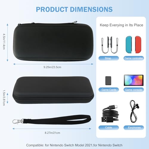 Hard Travel Carrying Case for N*intendo Switch & for Switch OLED Model (2021), Portable Protective Pouch with Storage for 10 Game Cartridges, Shockproof Shell Bag for Console & Accessories - Black