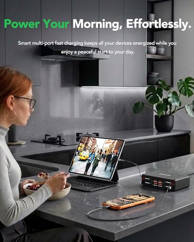 8-in-1 Retractable Charging Station for Multiple Devices, USB-C GaN Hub | 105W Retractable Charger, 4 Cables & 4 Ports, Clutter-Free Desk/Home, Travel-Ready, Fast Charge For iPhone/Galaxy/Pixel/iPad