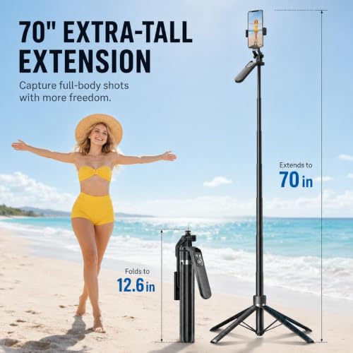 70" Phone Tripod Stand with Wireless Remote, Selfie Stick for iPhone Samsung Android, Portable Cell Phone Holder for Video Recording Photos Vlogging Travel
