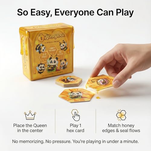 Honeylock Co-Op Strategy Board Game – Solo Friendly Hex Card Puzzle Game for 1–6 Players, Quick 10–15 Min Family Board Game for Teens & Adults, Tile-Matching Hive Puzzle, 55 Cards