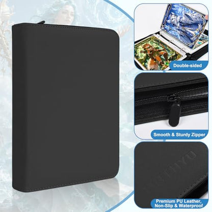 WITHYU Jumbo Card Binder, 5.4 x 7.4 Inch 3-Ring Trading Card Album with Zipper, Holds Oversized Jumbo Cards, 40 Removable Sleeves with 80 Pockets, Waterproof PU Leather Collector Binder, Black - color: 5.4x7.4-black