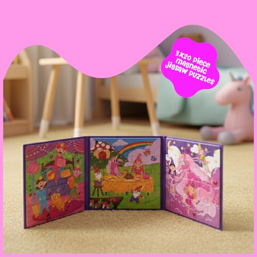 Dinomini Magnetic Puzzles for Toddlers 3-5 - Tri Fold Set with 3 x 20 Piece Magnetic Puzzles - Travel Activities for Preschoolers - Learning Activities and Toys (Fairies & Princesses)