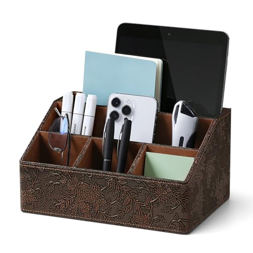 PU Leather Desktop Organizer, Home Luxury Remote Control Holder, Office Desk Accessory and Nightstand Storage Box, Vintage Style, Suitable for Living Room Tabletops (Brown Grape Pattern) - color: Brown Grape Pattern