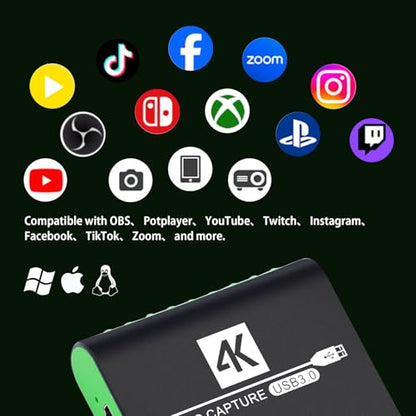 HDMI Capture Card for Nintendo Switch 2, 1080P 60FPS, Green | USB 3.0 plug and play for OBS beginners, 4K 30Hz passthrough, works with PS5, Xbox, PC and Mac - color: Green