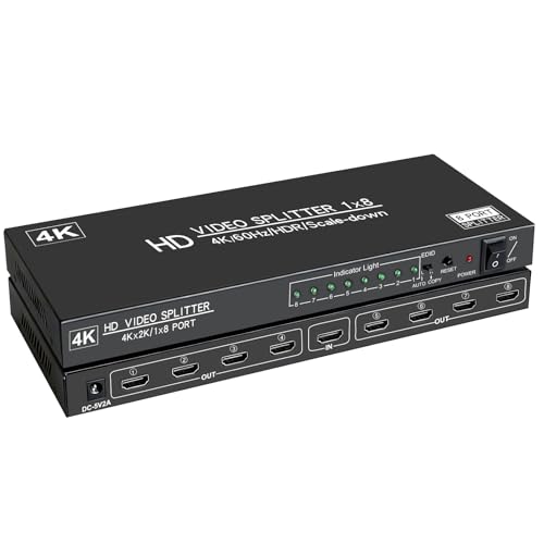 4K@60Hz 1x8 HDMI Splitter 4:4:4,18 Gbps,8 Port Powered HDMI 2.0 Splitter1 in 8 Out Support Auto Down Scaler, 4K 1080P Sync, HDR10,3D, HDCP 2.2,Only Duplication/Mirror Screens (Not Extend) for HDTV/PS5 - size: 4K@60Hz 1x8 splitter
