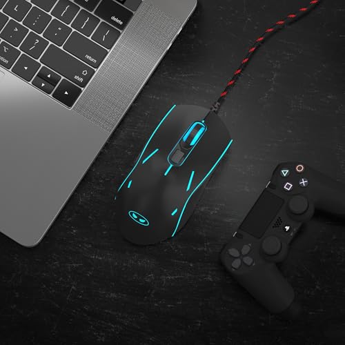 Wired Gaming Mouse, Ergonomic USB Optical Mouse with 7 Colors Breathing LED Backlit, 6 Adjustable Speed Levels from 600 to 3200 for Laptop PC - color: Black