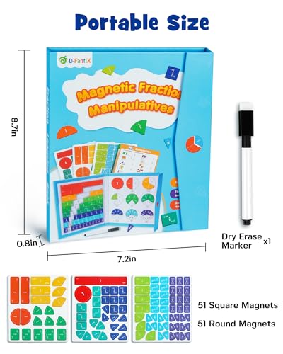 D-FantiX Magnetic Fraction Educational Puzzle, Magnetic Fraction Tiles & Fraction Circles Set, Math Manipulatives for Elementary School, Montessori Fraction Manipulatives Learning Toys for Kids - color: Blue