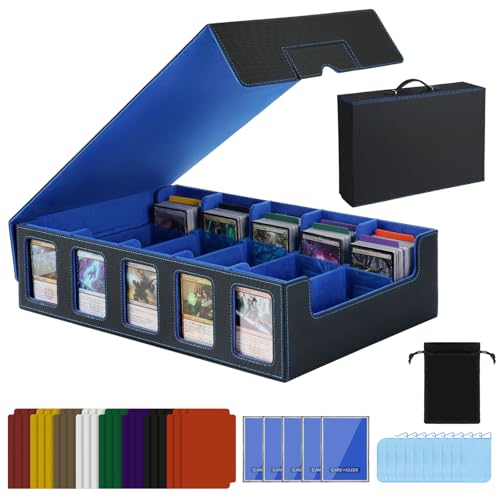Trading Card Storage Box with Handle, 5-Row Portable Leather Game Case for 4000+ Cards,Blue Card Collection Box with Commander Display Window for MTG, Yugioh, and Sports Cards,Gifts for Card Collector - color: Blue