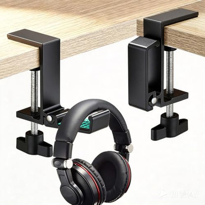 Foldable Under Desk Headphone Hanger, Aluminum Clamp-On Headset Stand, No Drill Anti-Scratch Mount, Heavy Duty 10KG Load Bearing Universal for Gaming Headset, Controller, Cable & Bag Organizer(Black) - color: Black