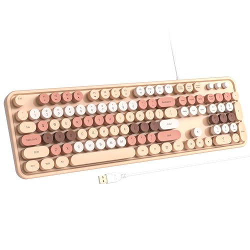 Atelus Computer Wired Keyboard, Plug Play USB Full-Size Keyboard with Large Number Pad, Caps Indicators, Foldable Stands, for Windows 7/8/10 PC Laptop (Milk Tea Colorful) - color: Milk-Tea