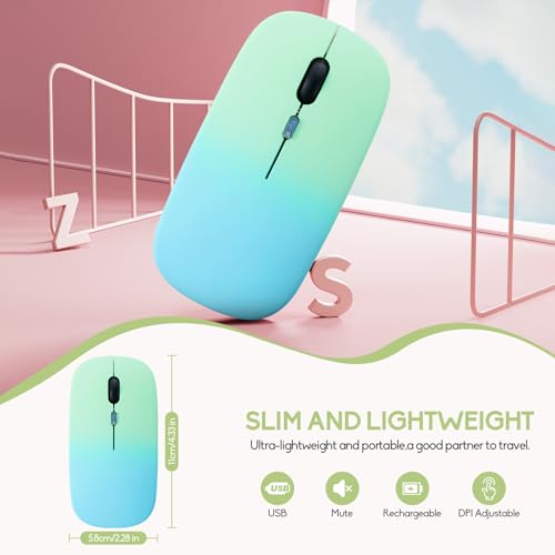 Wireless Bluetooth Mouse,LED Dual Mode Rechargeable Silent Slim Laptop Mouse,Portable(BT5.2+USB Receiver) Dual Mode Computer Mice,for Laptop,Desktop Computer,ipad Tablet,Phone,Mac(Greenish blue) - color: Gradient Greenish blue