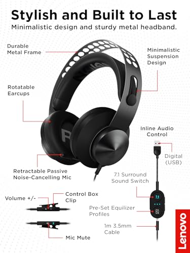 Lenovo Legion H500 PRO 7.1 Surround Sound Gaming Headset, Noise-Cancelling Mic, Memory Foam & PU Leather Earcups, Stainless Steel Headband, PC, PS4, Xbox One, Nintendo Switch, GXD0T69864, Black - style: H500