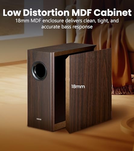 Edifier T5s Powered Active Subwoofer with 70W RMS, 8" Long-Throw Woofer, Deep Bass (35Hz) Speaker, Built-in Amp, Low Distortion, Phase Selector & Energy-Efficient for Home & Studio Audio, Brown - color: Brown