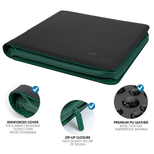 FunGuys Graded Card Binder, 60 PSA Slab Holder, 6 Pocket Graded Card Storage, Slab Binder, PSA Card Graded Display Case Album, Zipper, MTG Card Collection Binder - color: Black and Green