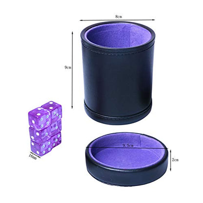 PU Leather Dice Cup with Lid, Purple Velvet Interior Quiet Dice Shaker Cup Including 6 Purple Translucent Dice for Liars Dice/ Farkle/ Yahtzee Games, 1 Pack - color: Purple