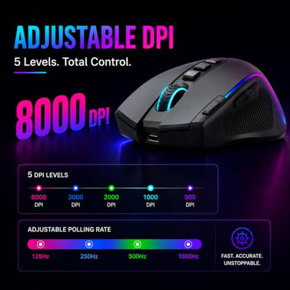 E-YOOSO Ergonomic Wireless Gaming Mouse, Tri-Mode, Rapid Fire Key, 8000 DPI | 9 programmable buttons, 6 RGB modes, 75-hour battery, contoured thumb rest, 1000Hz polling, for right-handed gaming and work