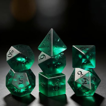 Cracked Matte Green 7Pcs Polyhedral Dice Set, K9 Crystal Cat's Eye Multi-Faceted DND Dice for Dungeons and Dragons RPG Tabletop Game (Matte Cracked Green) - color: Matte Cracked Green